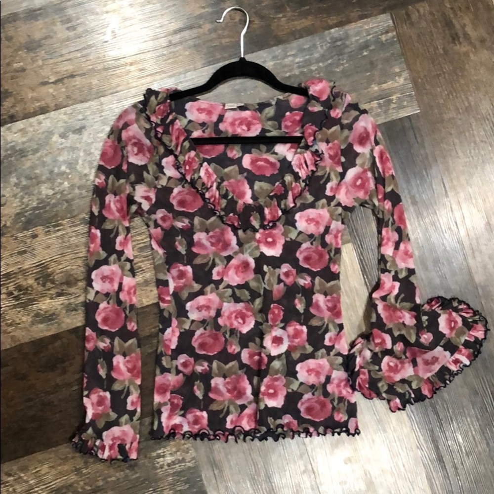 Sweet Pea brand pink floral top with ruffles